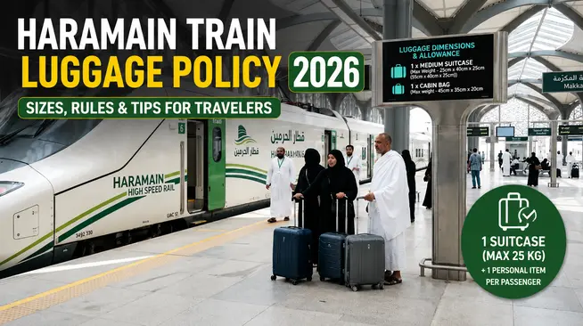 Travelers with luggage at a Haramain High Speed Railway station following the Haramain Train Luggage Policy 2026.