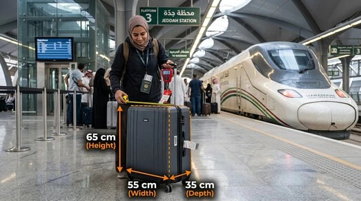 Traveler measuring a suitcase to ensure it meets the permitted Haramain Train luggage dimensions.
