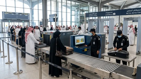 Passengers' luggage being scanned through X-ray machines at a Haramain High Speed Railway station.