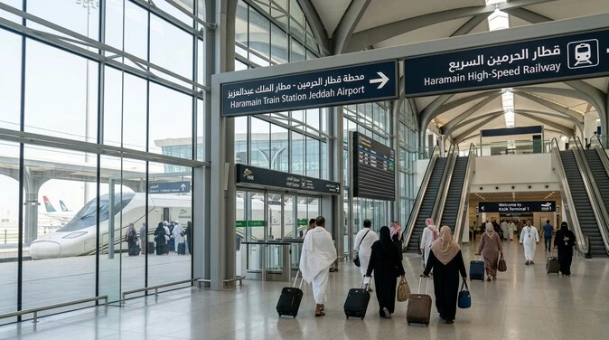 Haramain Train Station Jeddah Airport inside Terminal 1 with direct rail connection.