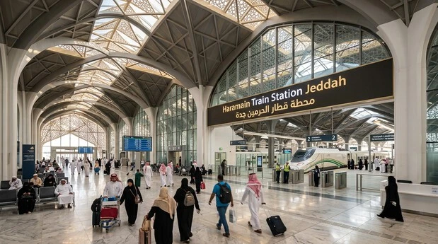Haramain Train Station Jeddah with modern Islamic architecture and high-speed train platform.