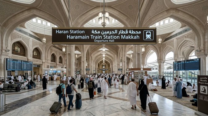 Haramain Train Station Makkah interior hall with the focus keyword displayed on signage.