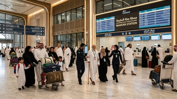 Passengers inside Haramain Train Station Makkah with the focus keyword visible on information displays.