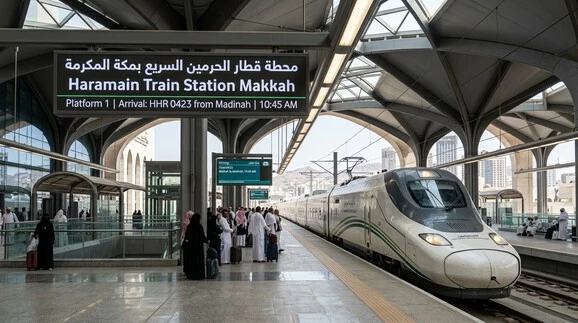 High-speed train at Haramain Train Station Makkah platform with visible focus keyword.