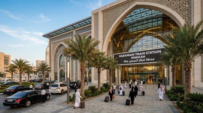 Haramain Train Station Makkah exterior with the focus keyword displayed at the main entrance.