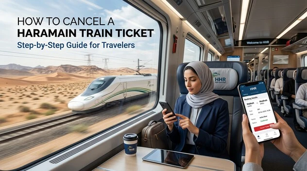 Traveler using smartphone to cancel Haramain train ticket with text How to Cancel a Haramain Train Ticket