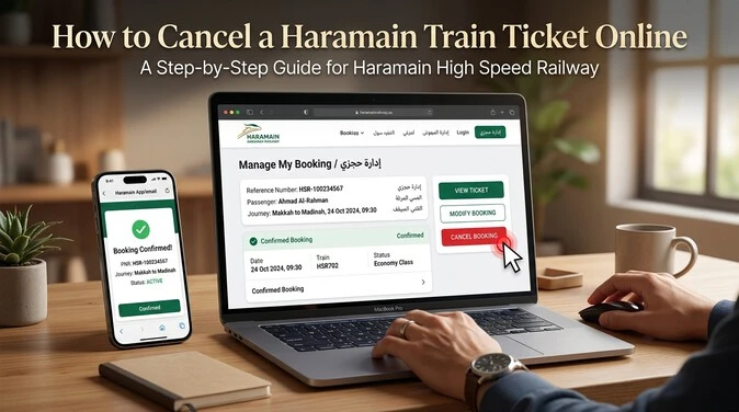 Official Haramain booking portal showing online ticket cancellation process
