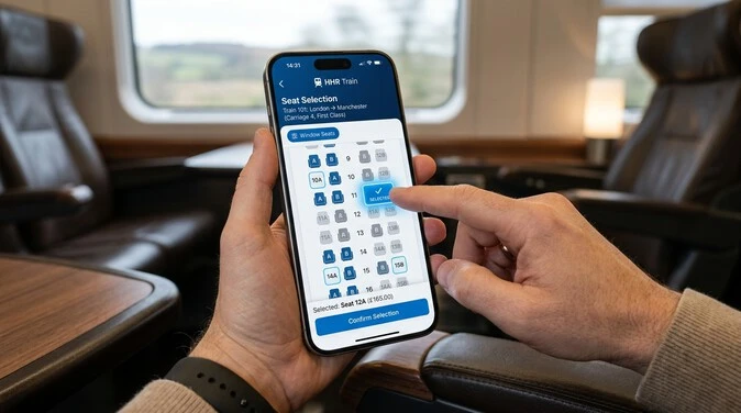 Interactive seat map displayed on the HHR Train app for iPhone.