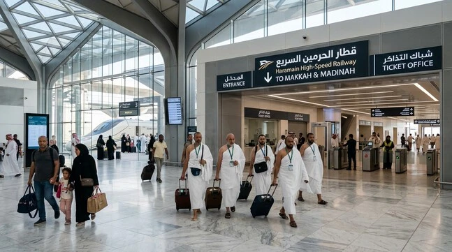 Pilgrims transferring from King Abdulaziz International Airport to the Haramain High-Speed Railway.