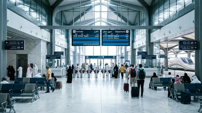 Passengers waiting inside Madinah Haramain High Speed Railway Station with departure and arrival information displays in Saudi Arabia.