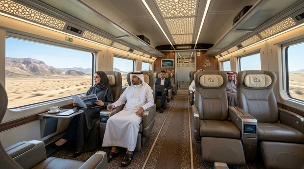 Interior of Haramain High-Speed Railway Business Class with spacious premium seating.