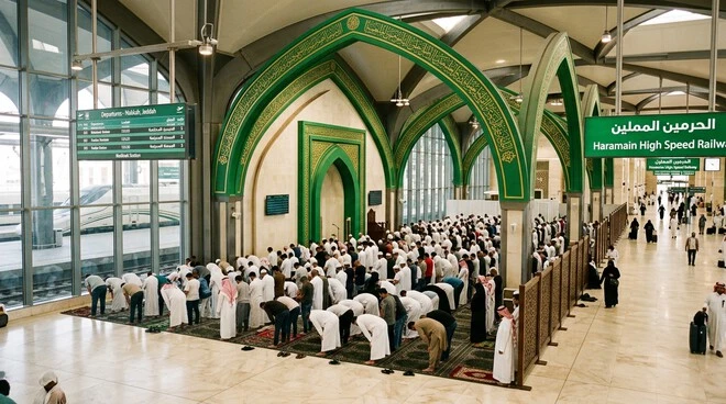 Muslim passengers performing congregational prayer inside Haramain High Speed Railway Station in Saudi Arabia near Makkah and Madinah.