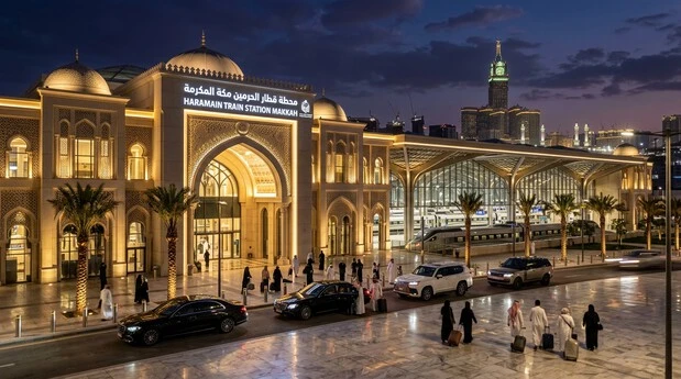 Night view of Haramain Train Station Makkah with illuminated focus keyword signage.