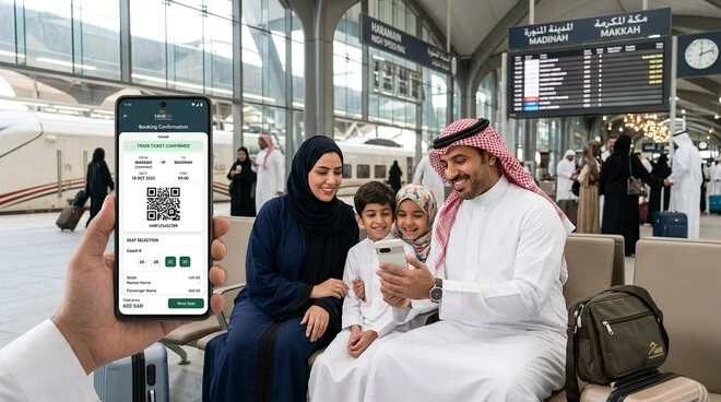 Family booking Haramain train tickets using the HHR Train App on a smartphone.