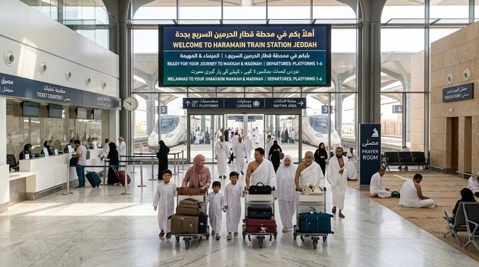 Pilgrims and travelers at Haramain Train Station Jeddah before boarding the high-speed train.