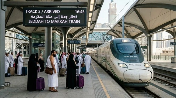 Pilgrims and travelers arriving in Makkah after a Dammam to Makkah train journey at a modern railway station.