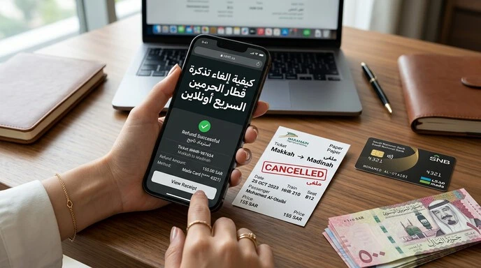 صورة توضح استرداد قيمة إلغاء تذكرة قطار الحرمين مع ظهور الكلمة المفتاحية على الشاشة.