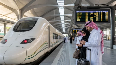 مسافرون يستخدمون هواتفهم لإدارة وتعديل حجز قطار الحرمين السريع في محطة حديثة بالسعودية