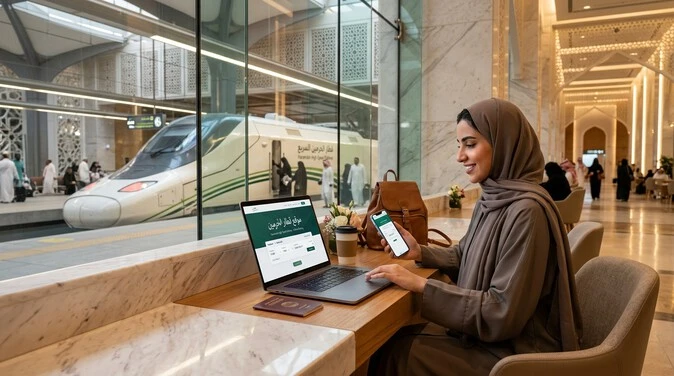 مسافر يستخدم هاتفاً لحجز رحلة عبر موقع قطار الحرمين مع ظهور عبارة "موقع قطار الحرمين" بشكل واضح داخل التصميم.