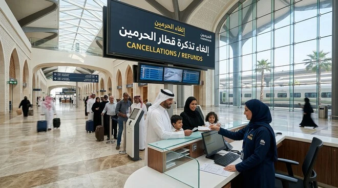مركز خدمة العملاء الخاص بقطار الحرمين مع لوحة تحمل عبارة إلغاء تذكرة قطار الحرمين.