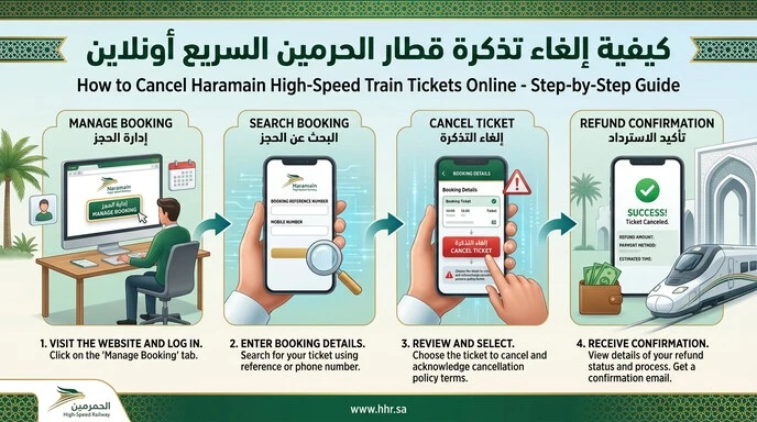 إنفوجرافيك يوضح خطوات إلغاء تذكرة قطار الحرمين مع عرض الكلمة المفتاحية في أعلى الصورة.