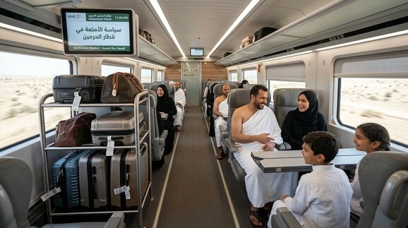 حجاج ومعتمرون يستمتعون برحلة مريحة داخل قطار الحرمين مع تخزين الأمتعة بشكل صحيح