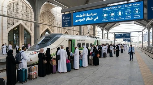 مسافرون وحجاج في محطة قطار الحرمين السريع مع أمتعة مطابقة للوائح سياسة الأمتعة في قطار الحرمين