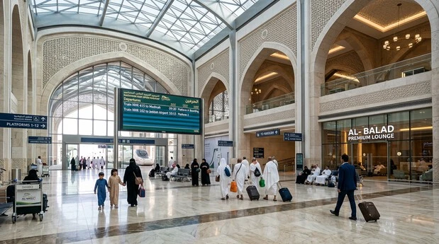 محطة حديثة لقطار الحرمين مع مسافرين وعائلات وشاشات معلومات وتصميم معماري فاخر.
