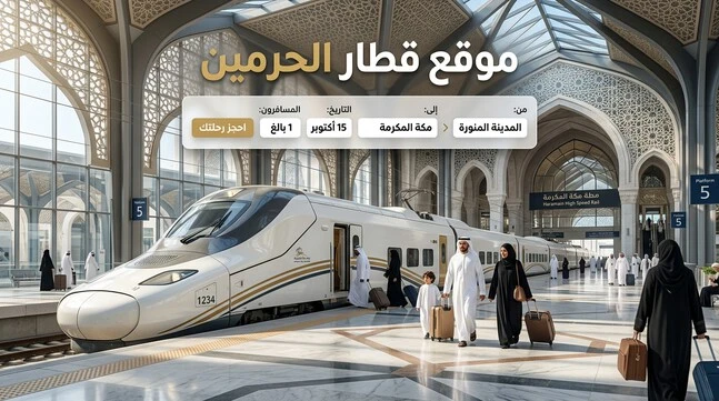 واجهة حديثة لموقع قطار الحرمين الرسمي مع قطار الحرمين السريع في الخلفية وشعار "موقع قطار الحرمين" مكتوب بالعربية بخط واضح.